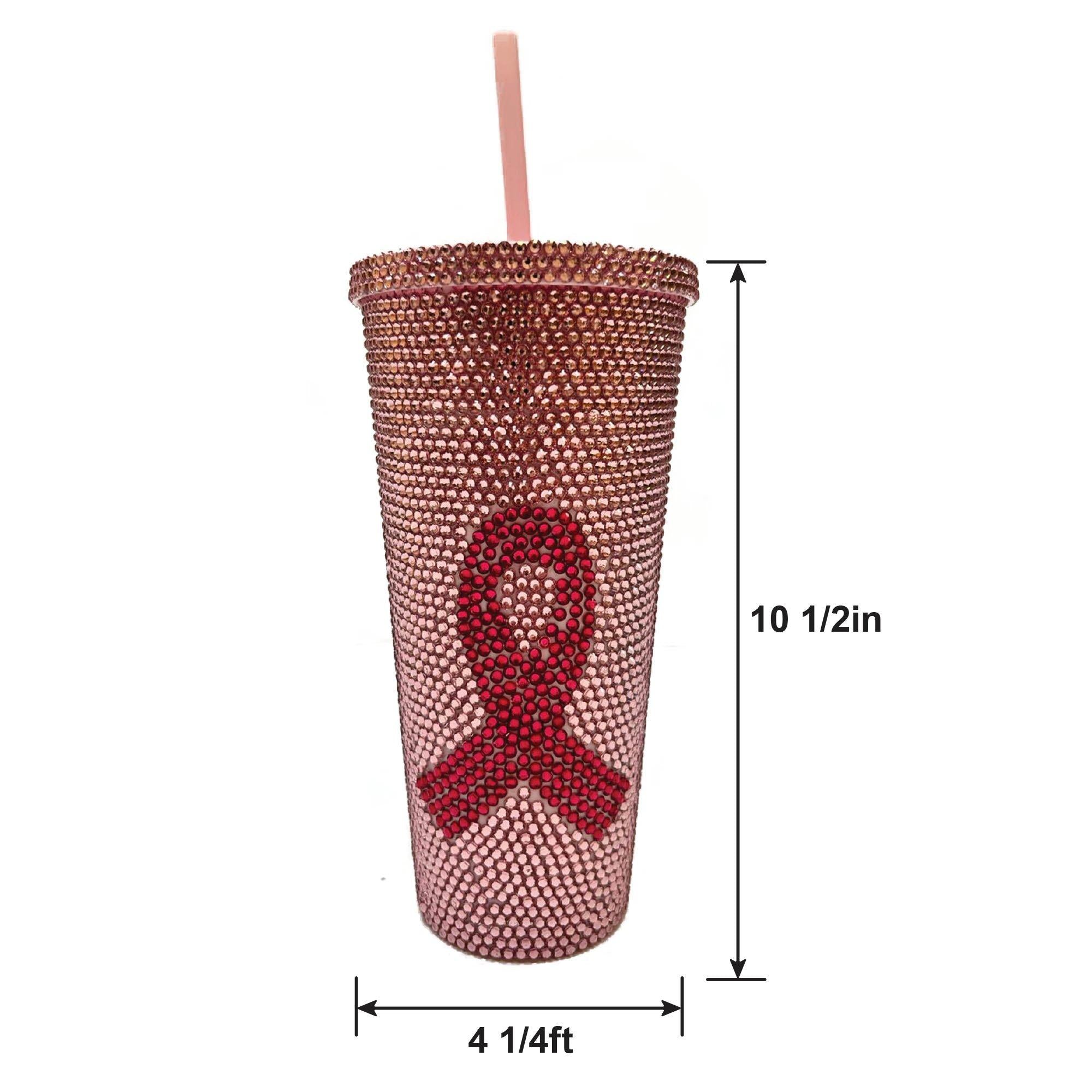 Rhinestone Breast Cancer Awareness Pink Ribbon Plastic Cup with Straw, 24oz - Image 2