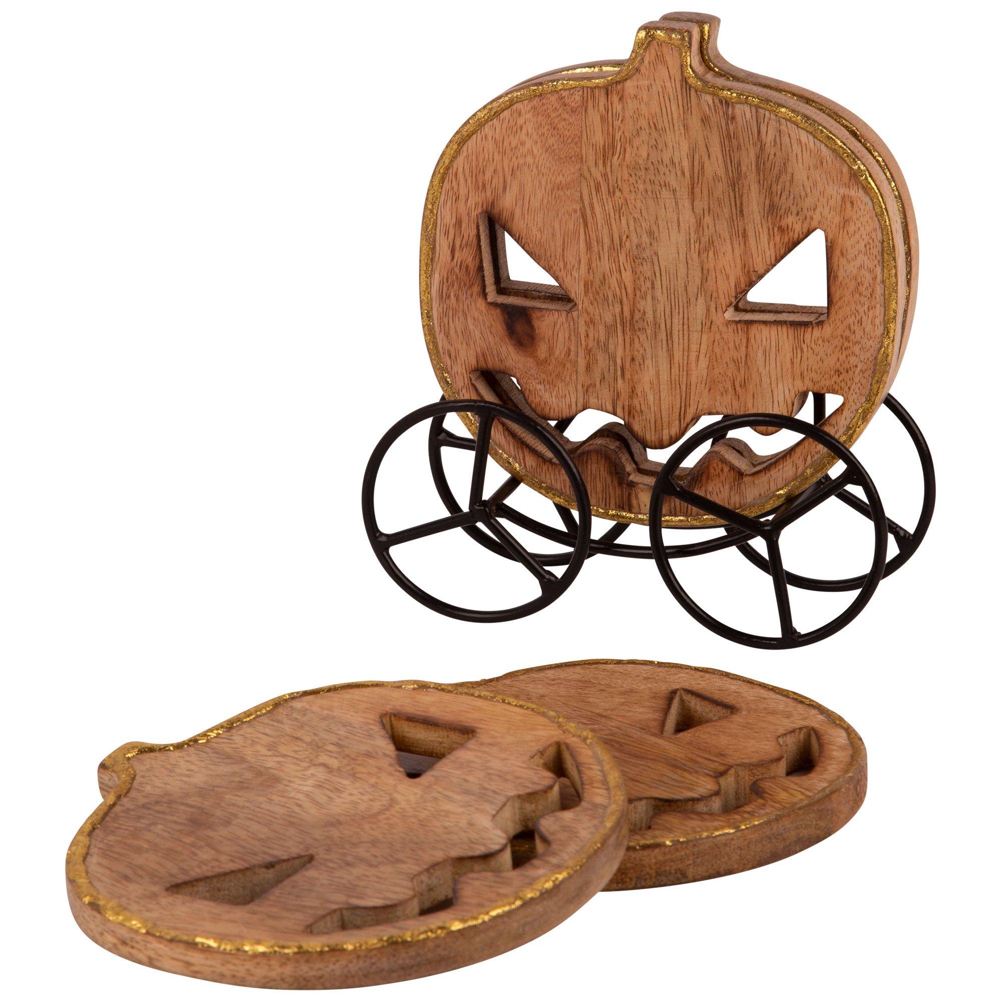 Pumpkin Mangowood Coaster Set with Iron Rack, 5pc - Image 2