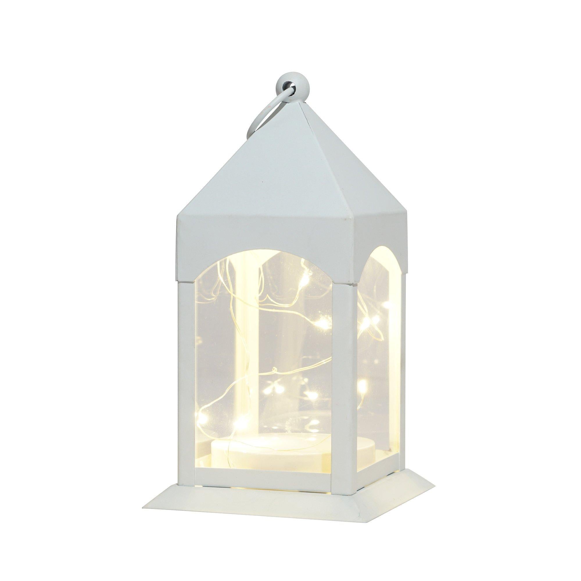 White Metal Lantern with Flickering LED Fairy Lights, 4in x 8in - Image 2