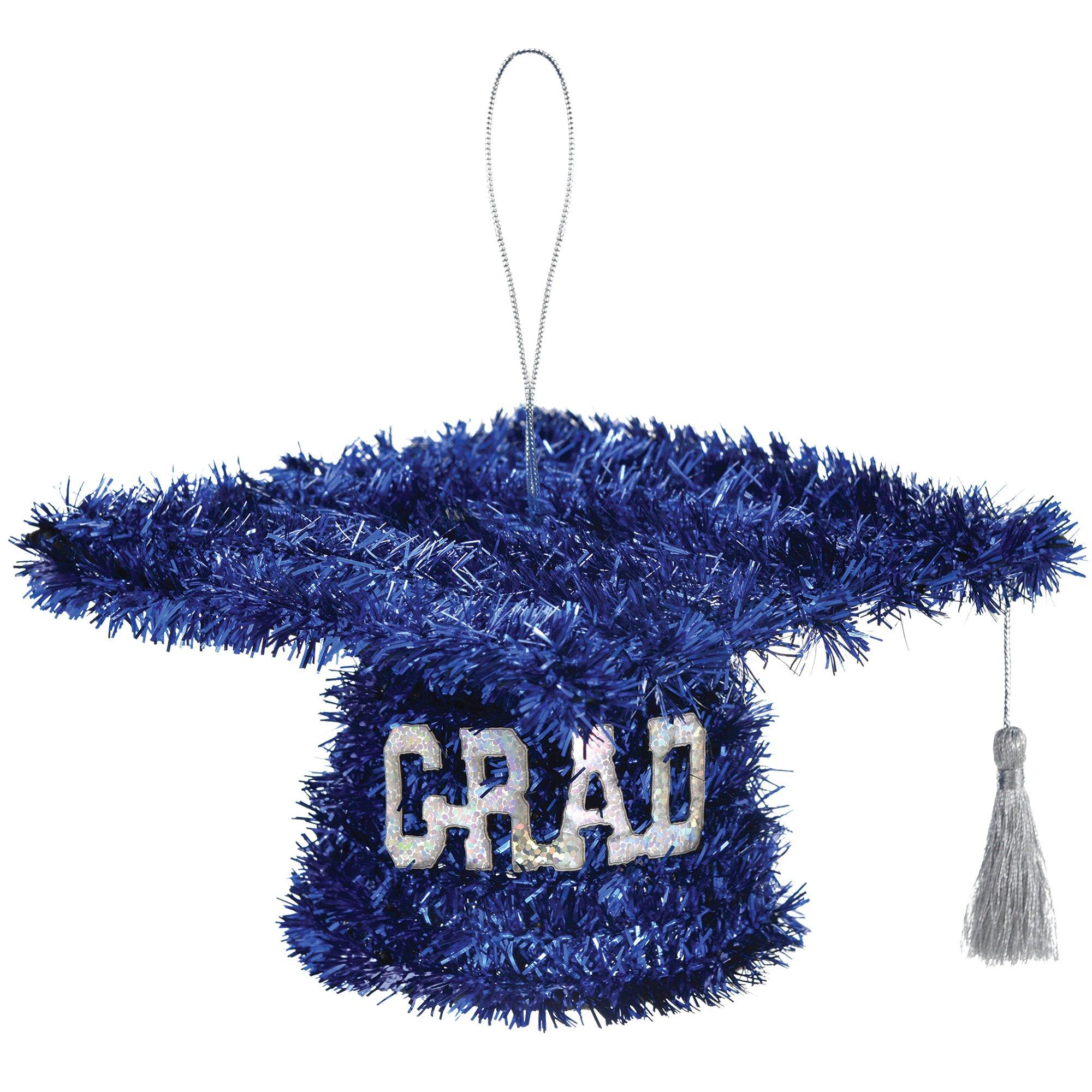 Blue Graduate Cap Tinsel with Silver Tassel, 5x3in – Hanging or Table Decoration