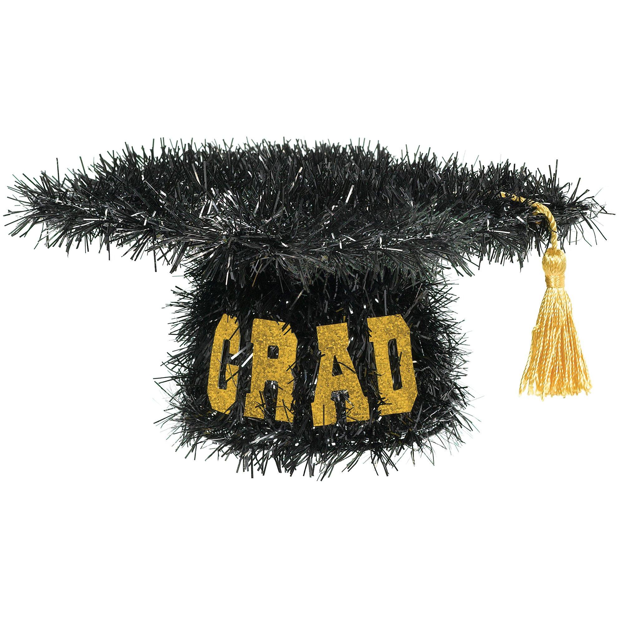 Black Tinsel Graduate Cap with Gold Tassel, 4.5in x 8.5in – GRAD Table Decoration