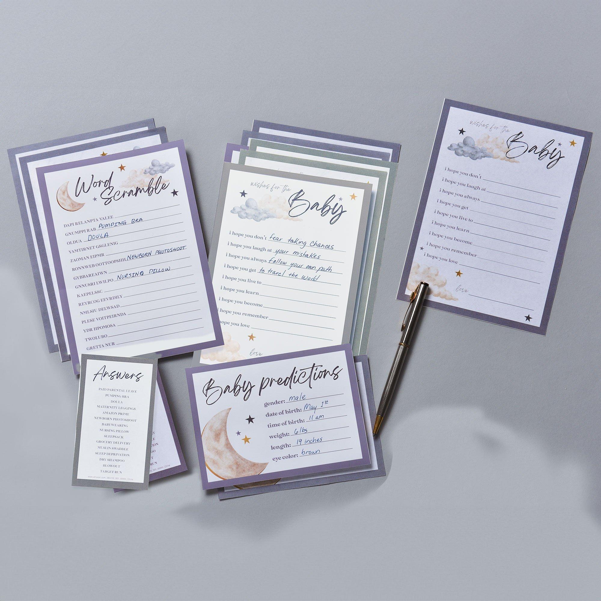 Over the Moon Baby Shower Games for 25 Guests, 75 Sheets, 3 Games - Baby Predictions, Wishes for Baby & Word Scramble - Image 2