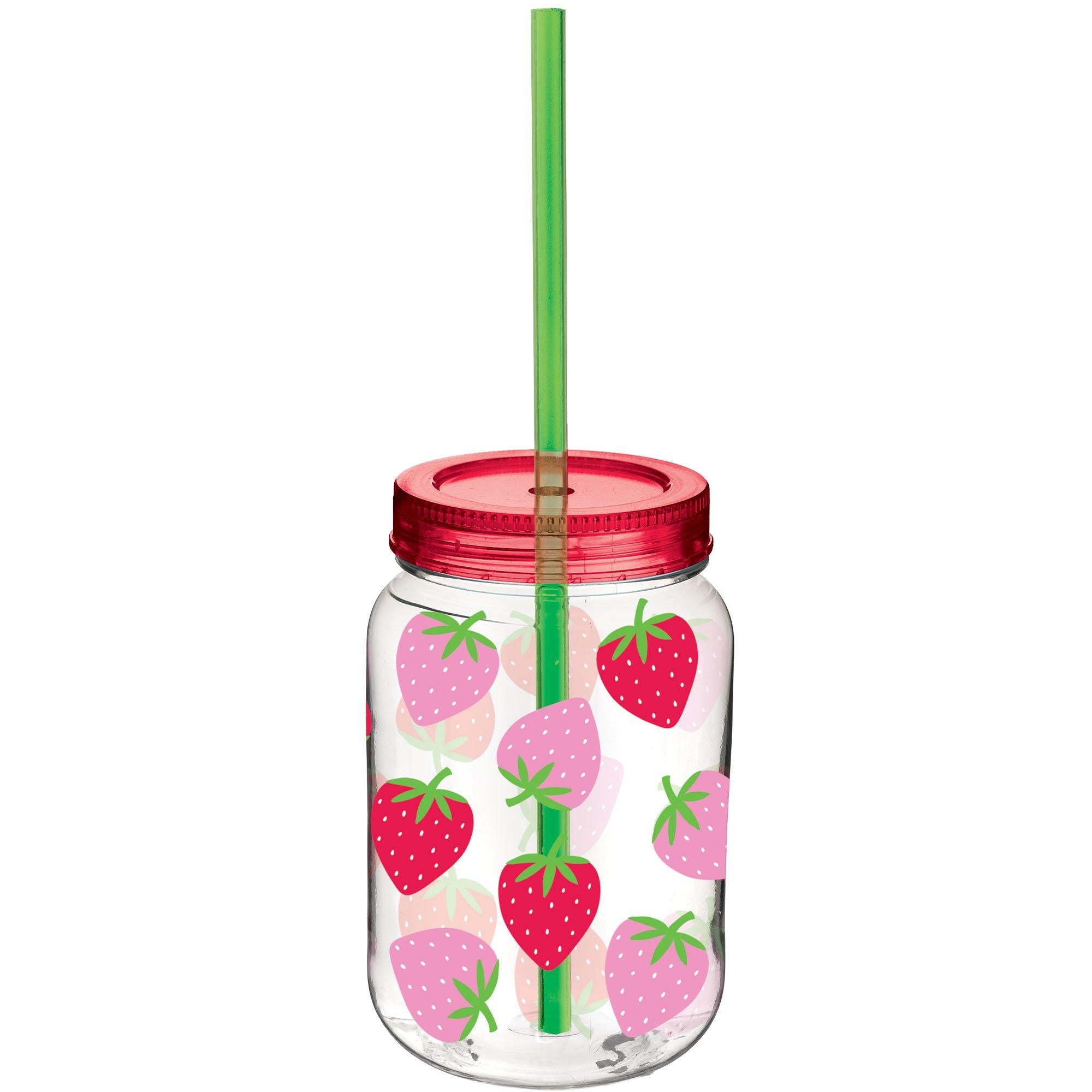 Summer Strawberry Plastic Mason Jar Cup with Straw, 16oz - Image 2