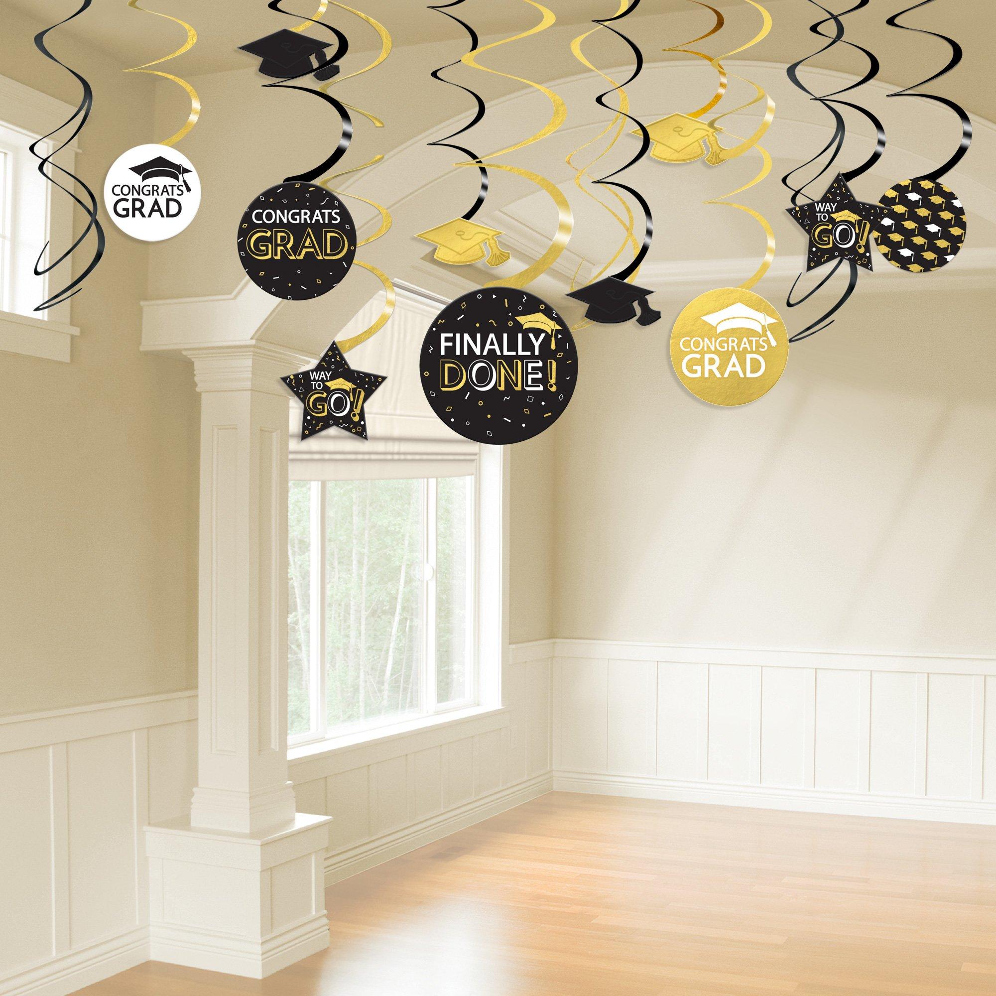 Black, Silver, & Gold Congrats Grad Cardstock Swirl Decorations, 30pc - Image 2