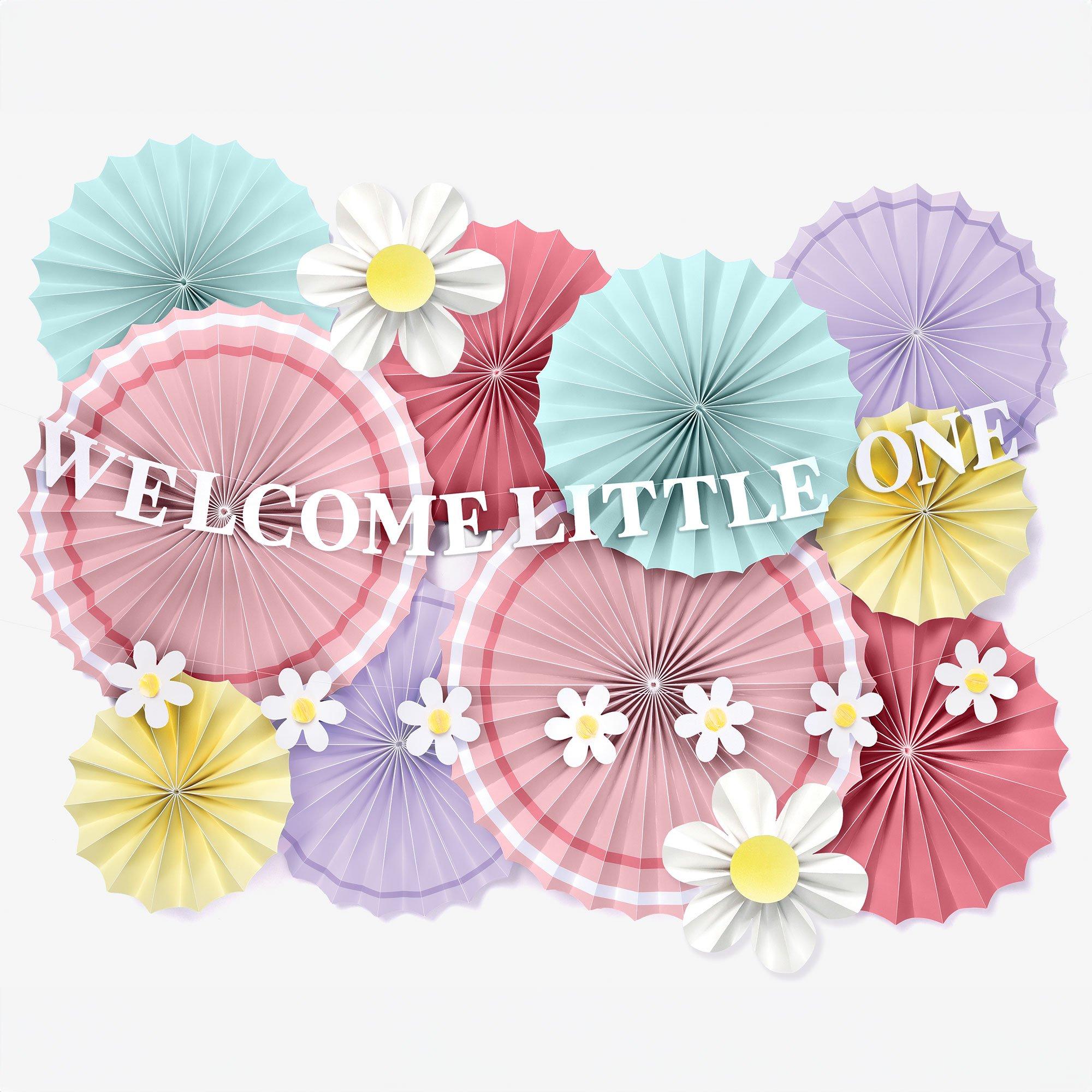 Little Daisy Welcome Little One Baby Shower Paper Fan Room Decorating Kit, 14pc - Image 2