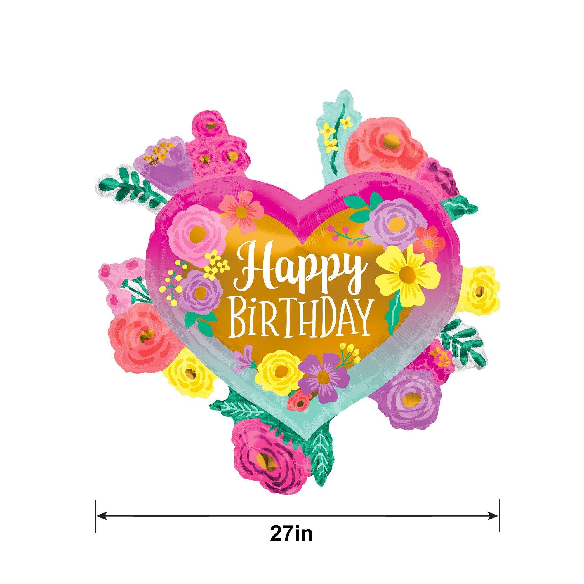 Painted Flowers Happy Birthday Heart Foil Balloon, 27in - Image 2