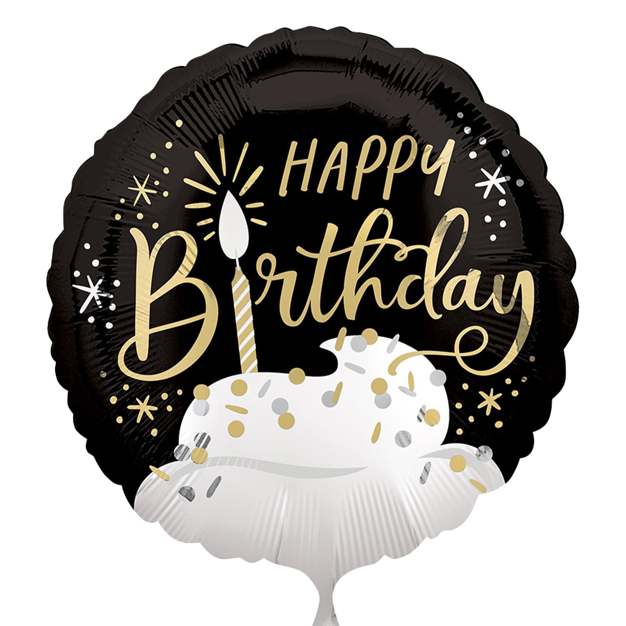 Satin Black, Silver & Gold Happy Birthday Foil Balloon (24in) with Balloon Tail (3.75ft) - Image 2