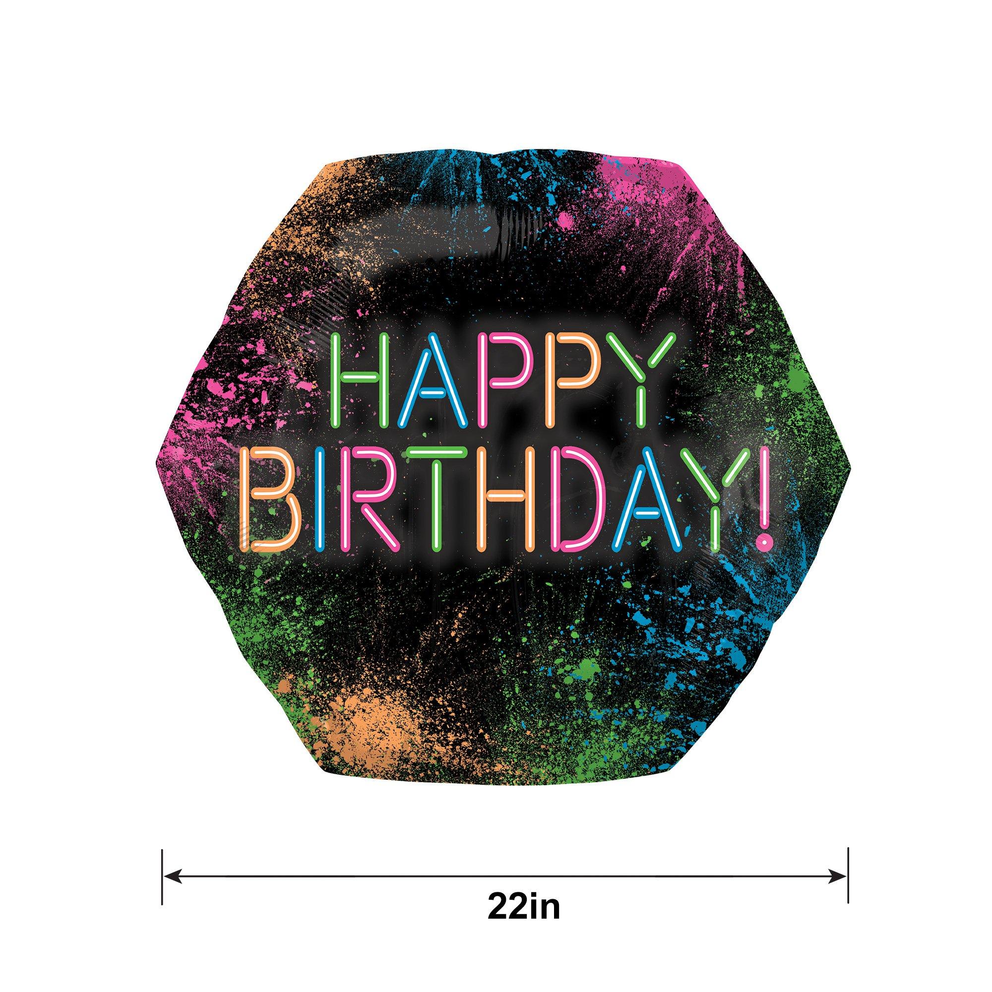 Neon Happy Birthday Hexagonal Foil Balloon, 28in - Let's Glow Crazy - Image 2