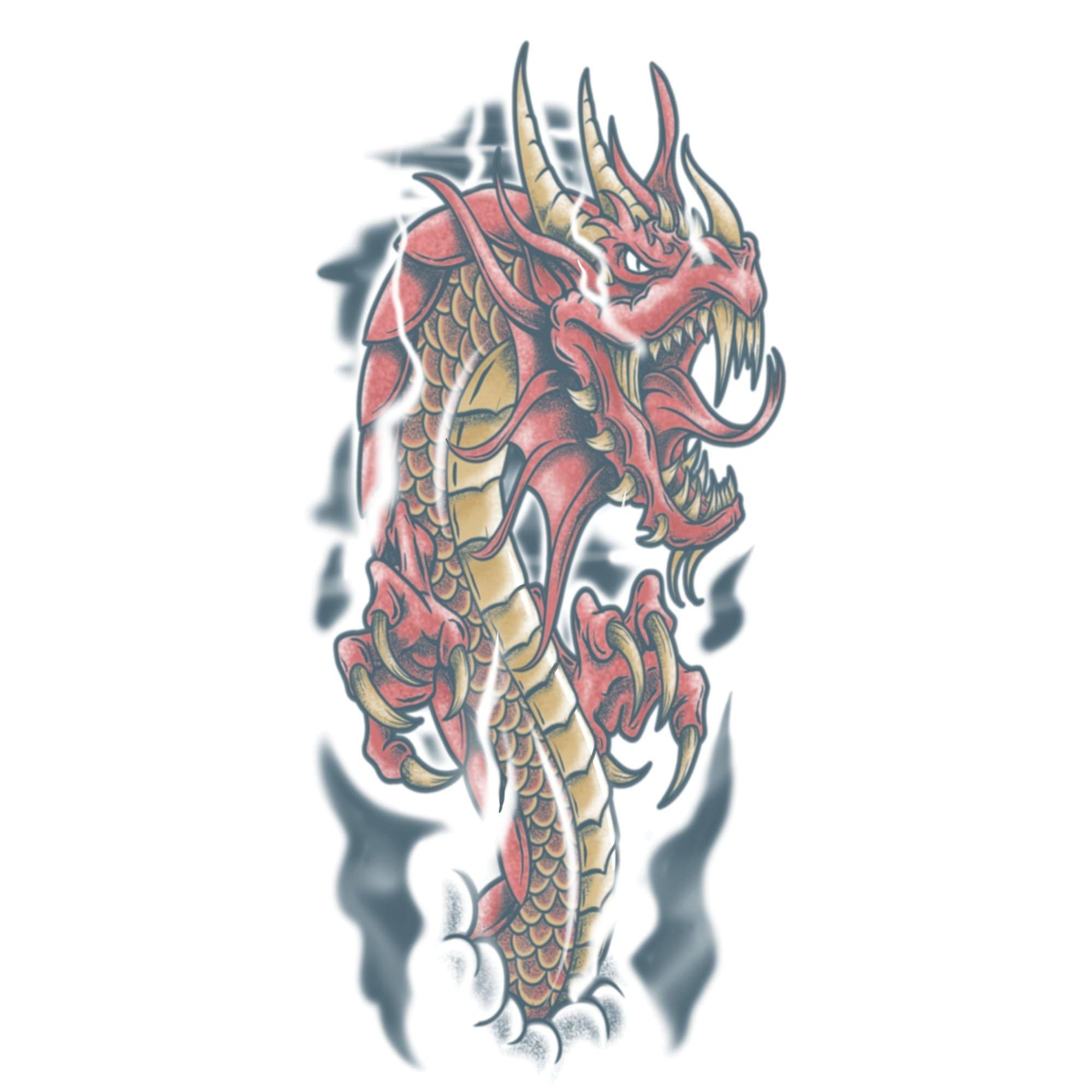 Japanese-Style Red Dragon Temporary Tattoo Sleeve, 3pc - Image 2